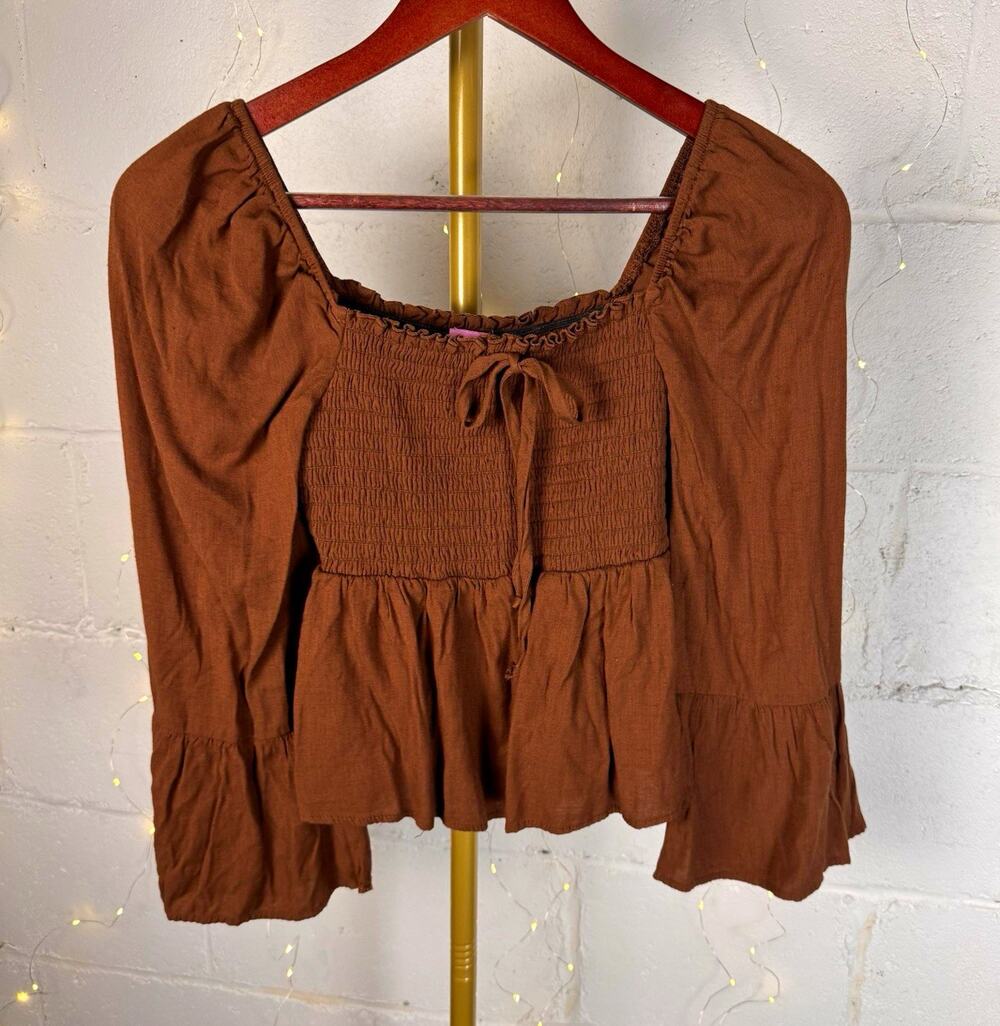 mi ami for francesca's women's S brown smocked peplum blouse bell sleeves